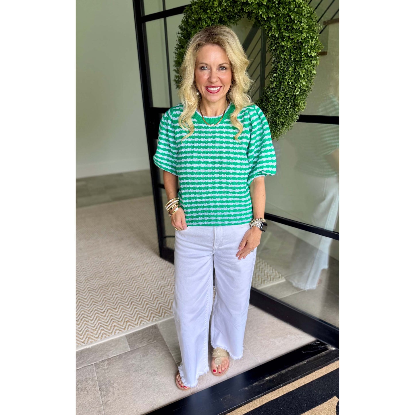 Abigail Puff Sleeve Sweater – Green Stripe - SALE was $72.95
