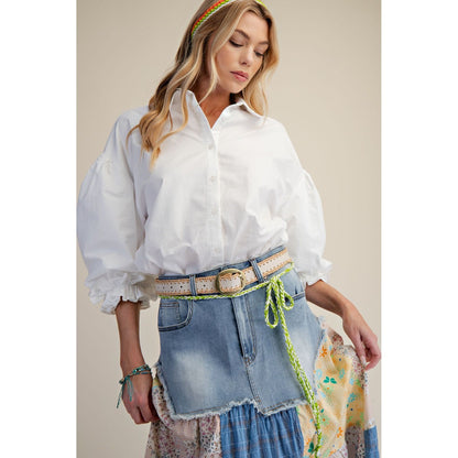 Easel 3/4 Sleeve Balloon Sleeve Poplin Button Down Top – White