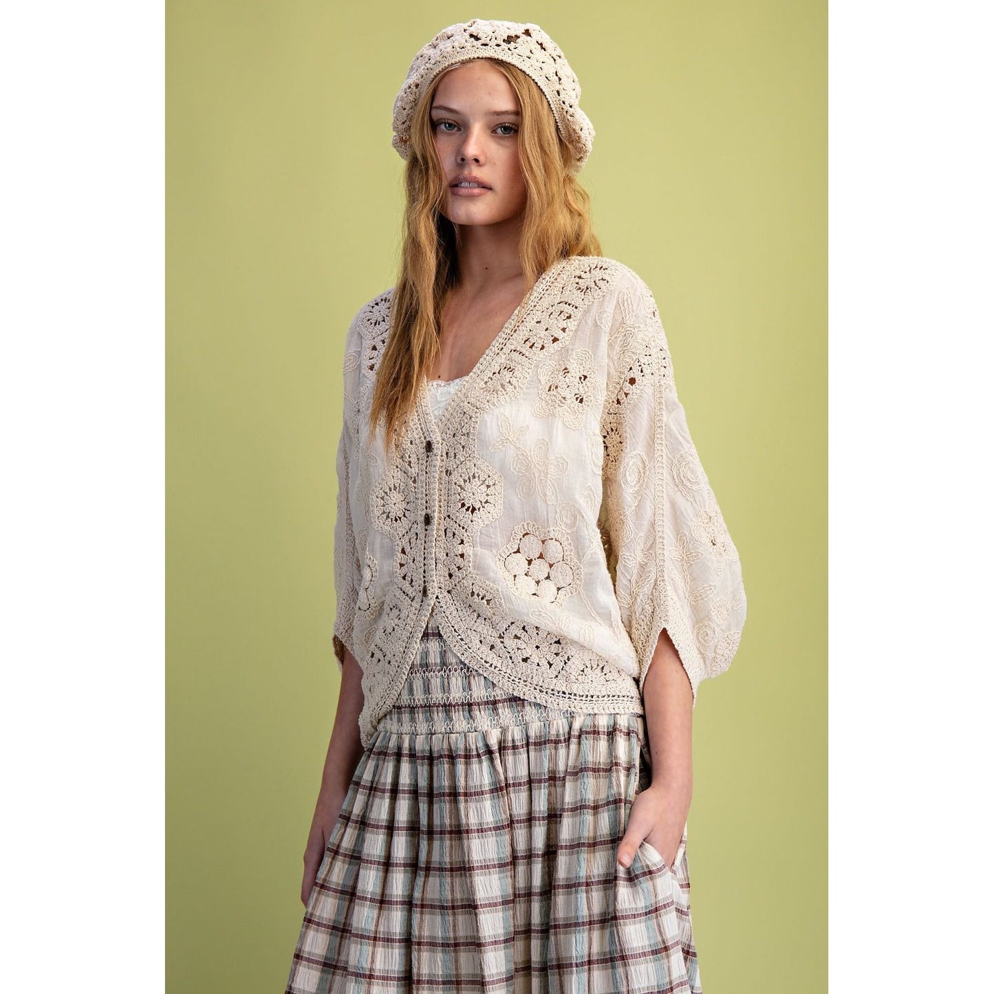 Natural Crochet Mix Button Front Duster Cardigan Top 0070