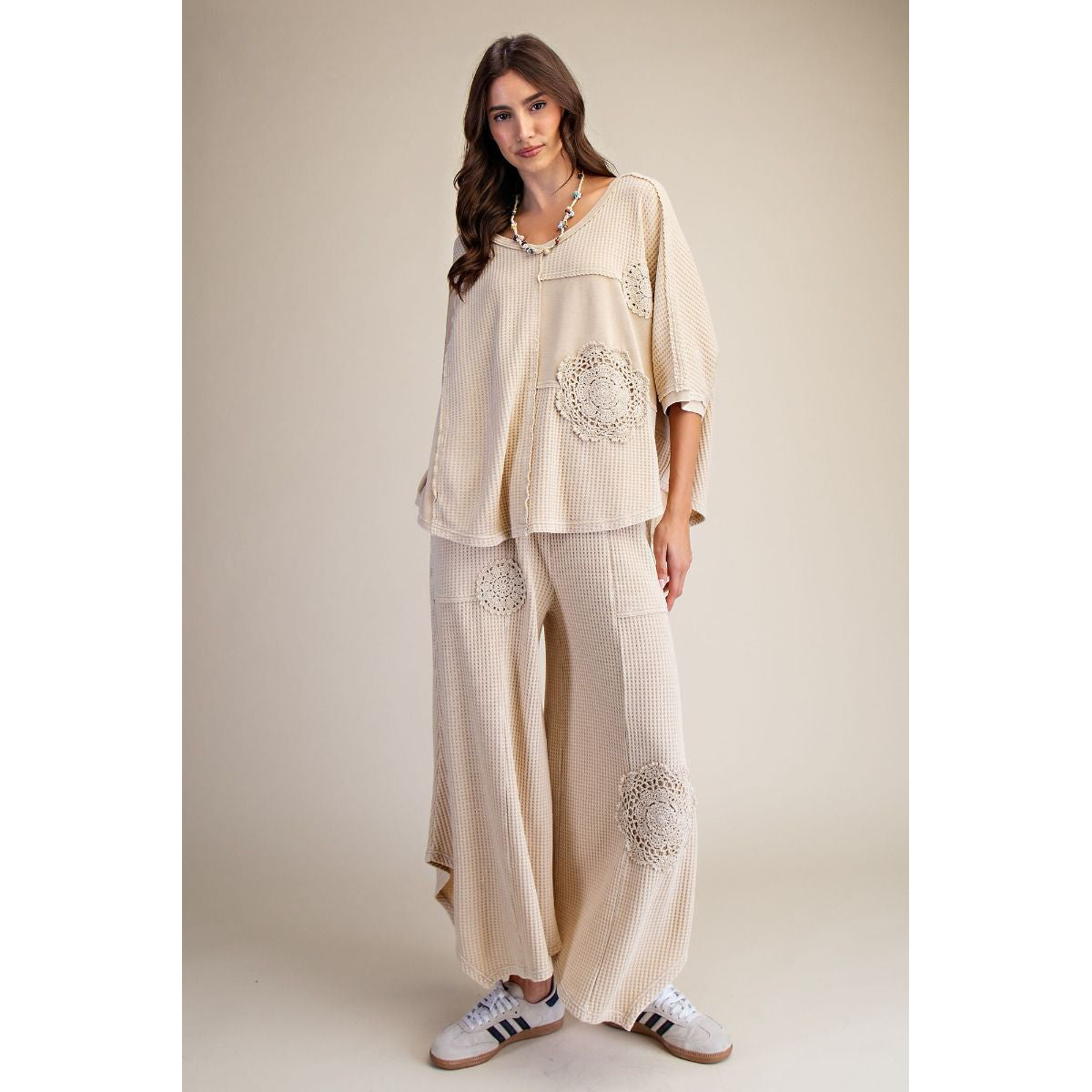 Easel - Crochet Patch, Detail Thermal Top & Pants Set 7947 / 7003 - Khaki