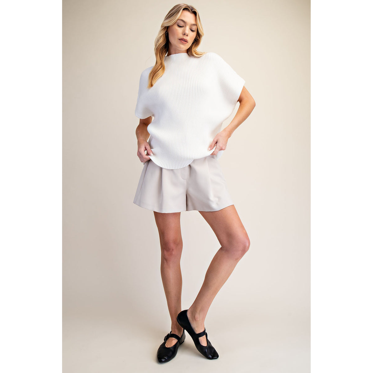 GM - Mock Neck, Ribbed, Oversized Pullover Sweater Top 9774 - White