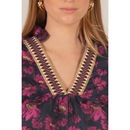 BYC - Floral Jacquard, ¾ Sleeve, Dress w Contrast Collar 0472 - Navy / Fuchsia