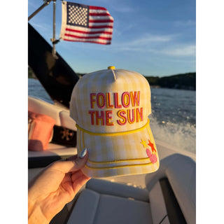 'Follow the Sun' Embroidered Gingham Trucker Hat