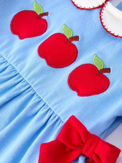 Girls Back To School Apple Outfit Set Bow Ruffle Petal Collar - Blue - SALE