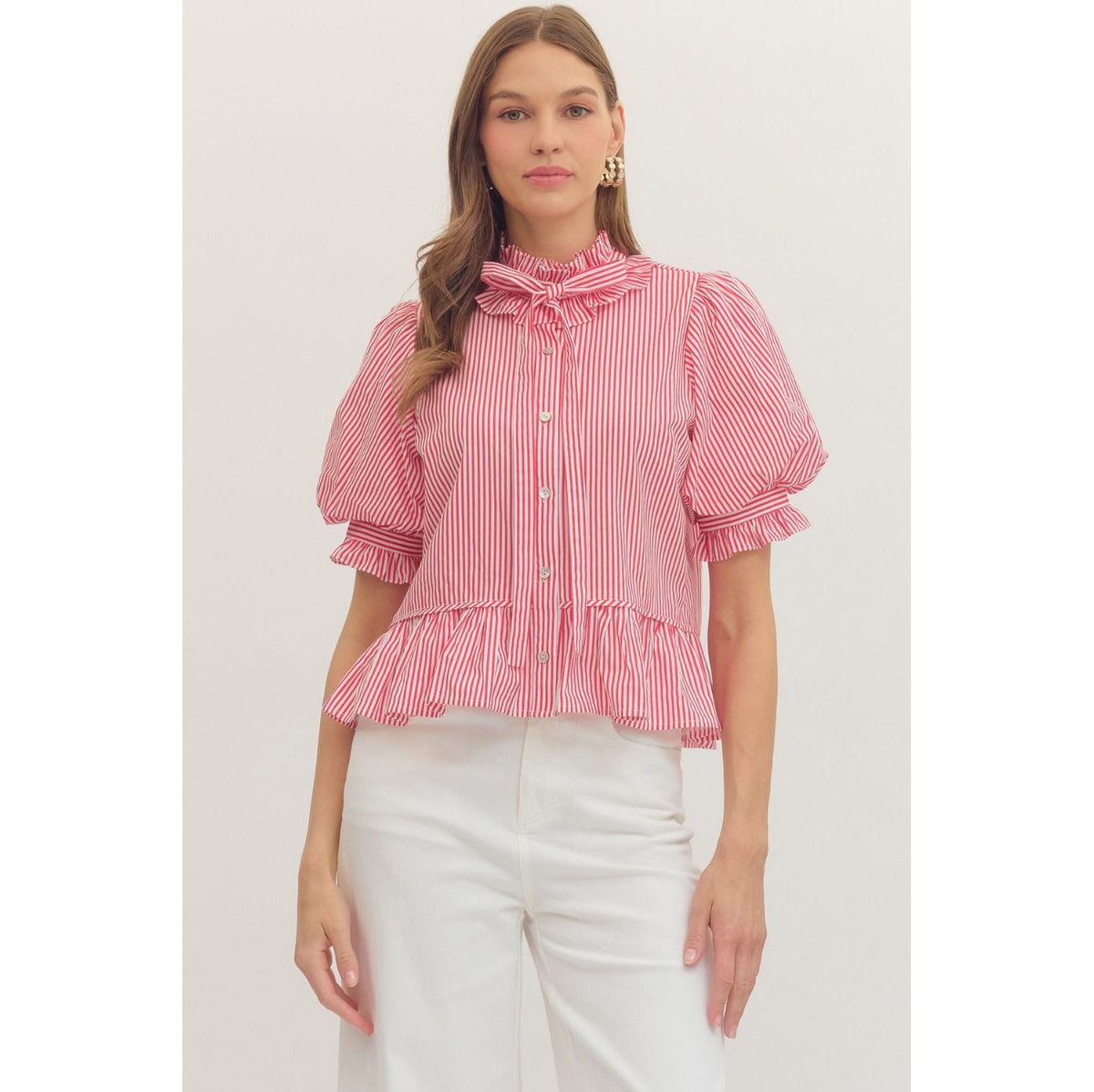 Red Stripe Ruffle Neck Puff Sleeve Top 1590