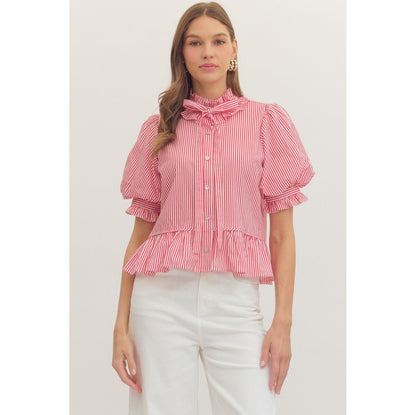 Red Stripe Ruffle Neck Puff Sleeve Top 1590