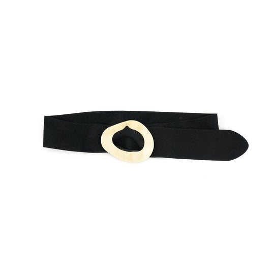 Black belt with a gold ring buckle on a white background