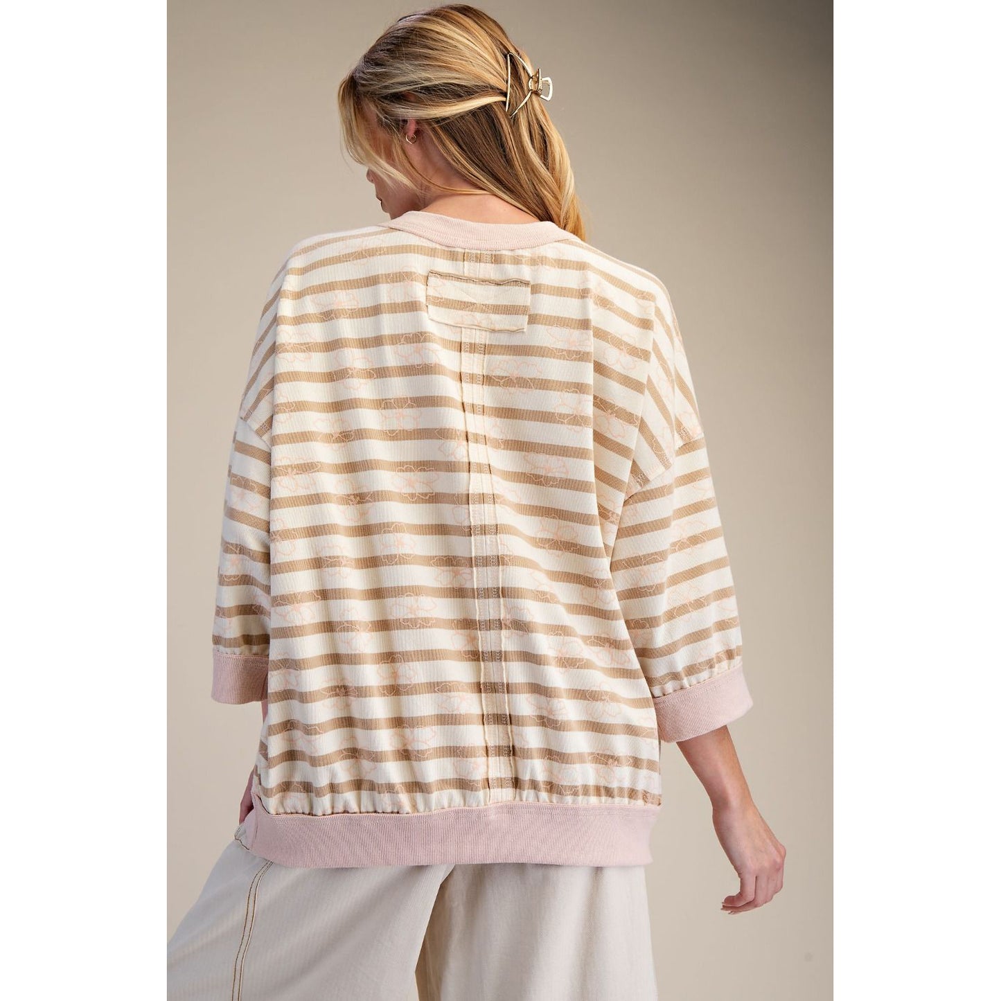 Easel - ¾ Sleeve, Striped Loose Fit Top 9274 - Latte