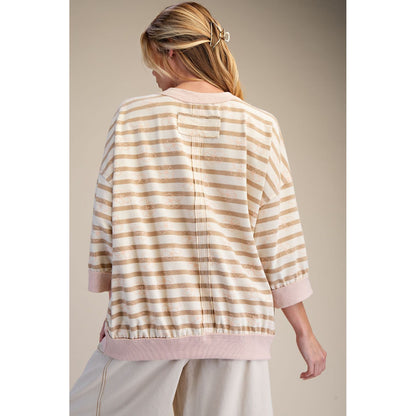 Easel - ¾ Sleeve, Striped Loose Fit Top 9274 - Latte