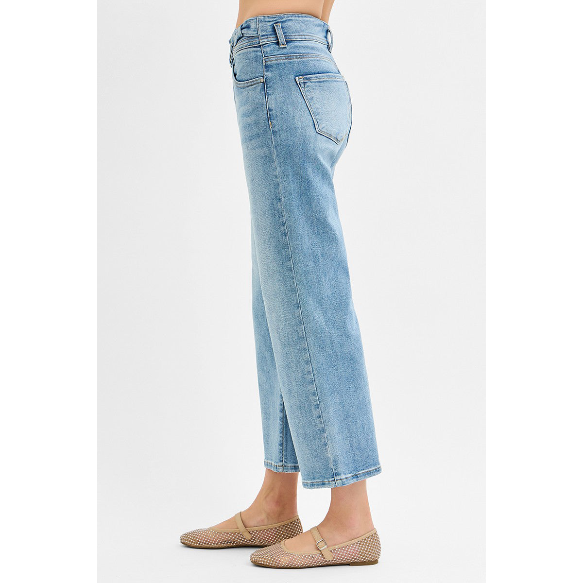 Risen - Tummy Control, High Rise, Crop, Wide Leg Jeans w Bow Detail 1200 - Medium Blue