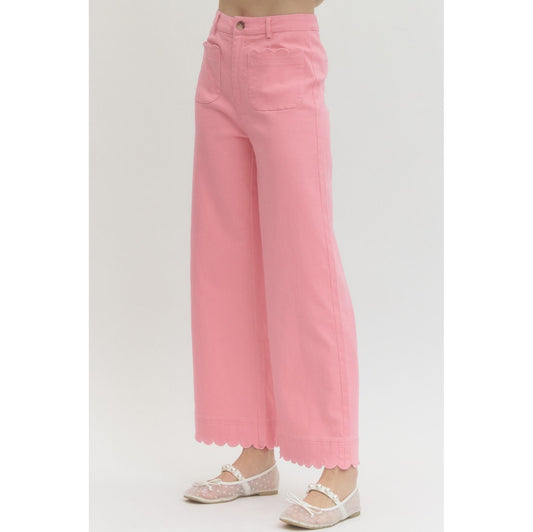 Pink Scallop Trim Wide Leg Pants – High Waist Statement Trousers 9031