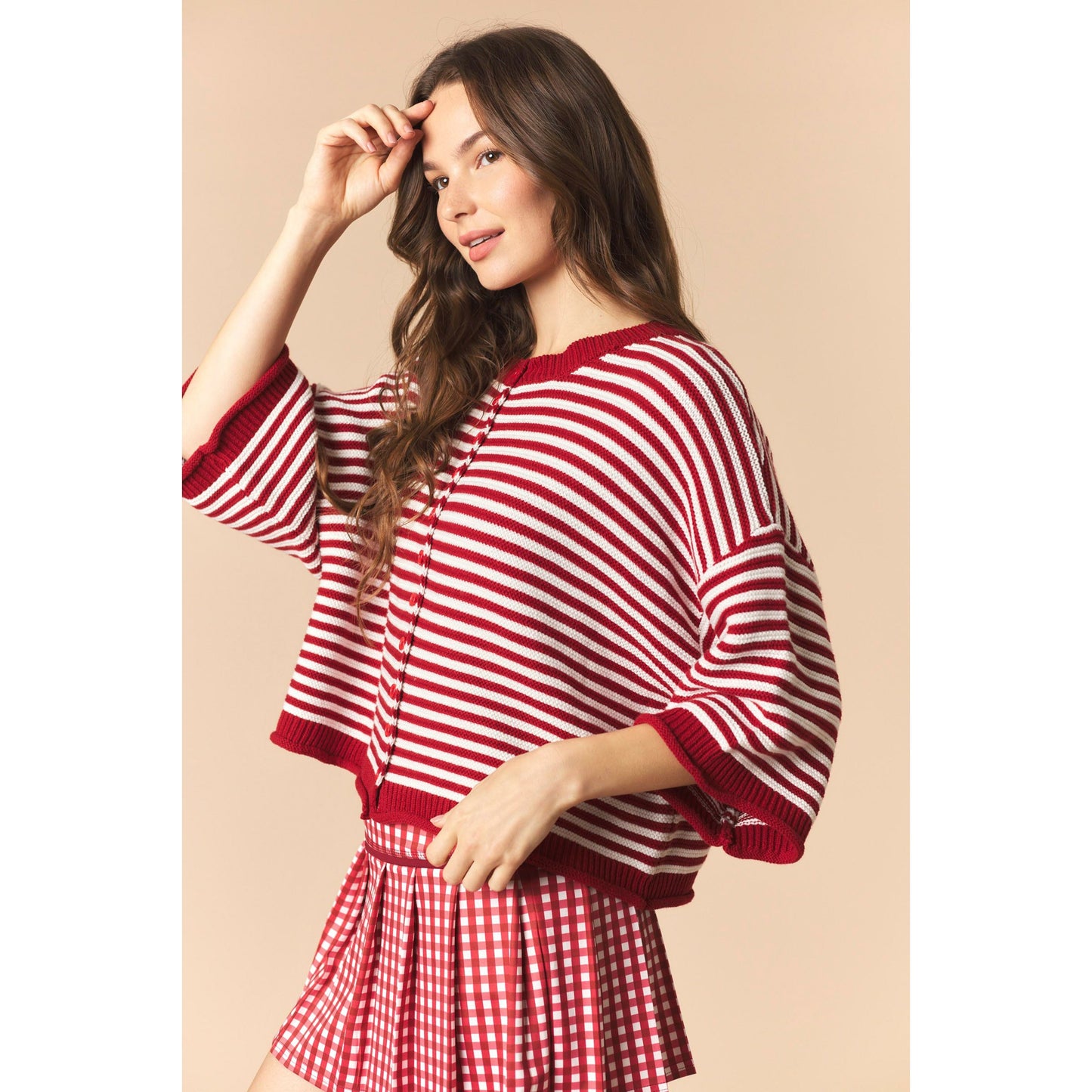 Striped Half Sleeve Oversize Cardigan - Crimson / Off White
