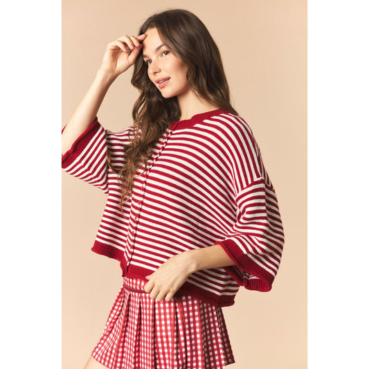 Striped Half Sleeve Oversize Cardigan - Crimson / Off White