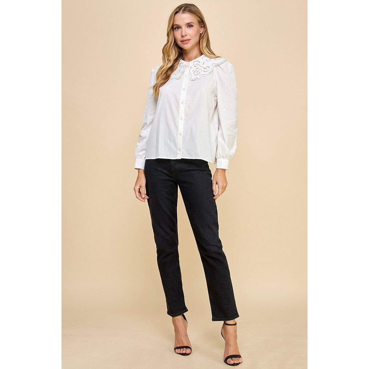 TCEC - LS, Button Down Top w Eyelet Collar 8956 - White