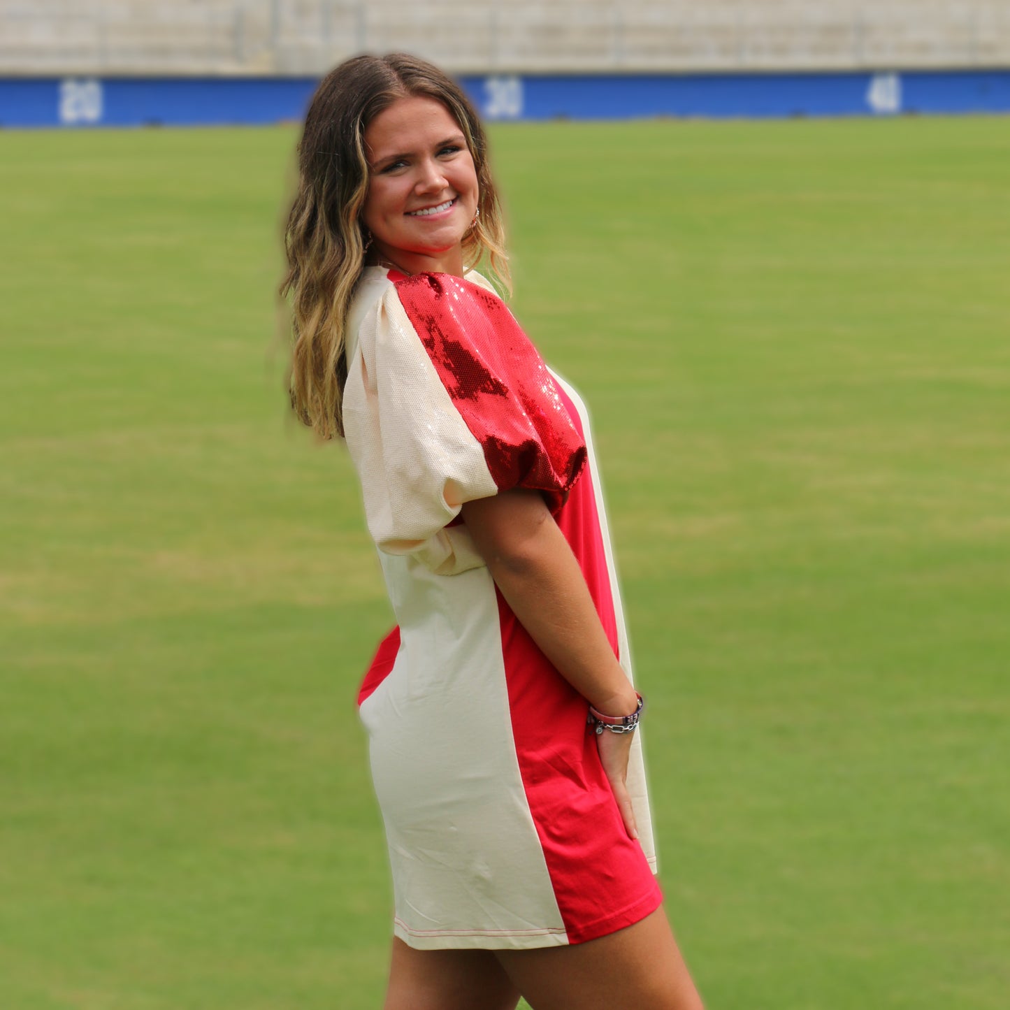 Queen of Sparkles - Colorblock Sequin Sleeve Dress 3184 - Ivory / Crimson