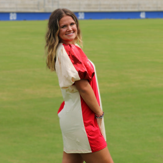 Queen of Sparkles - Colorblock Sequin Sleeve Dress 3184 - Ivory / Crimson