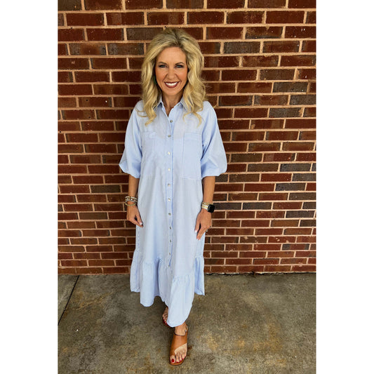 BYC - Striped, Puff Sleeve, Button Down, Midi Dress 0543 - Blue