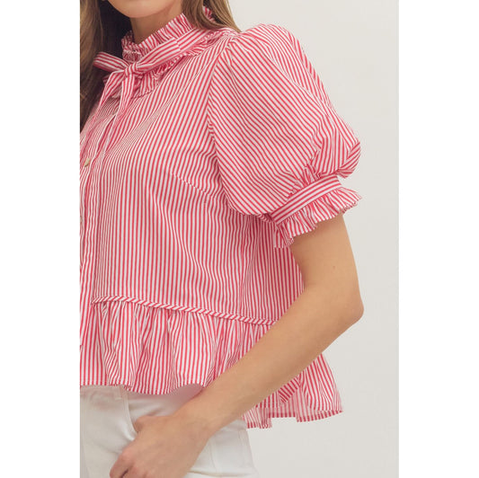 Red Stripe Ruffle Neck Puff Sleeve Top 1590