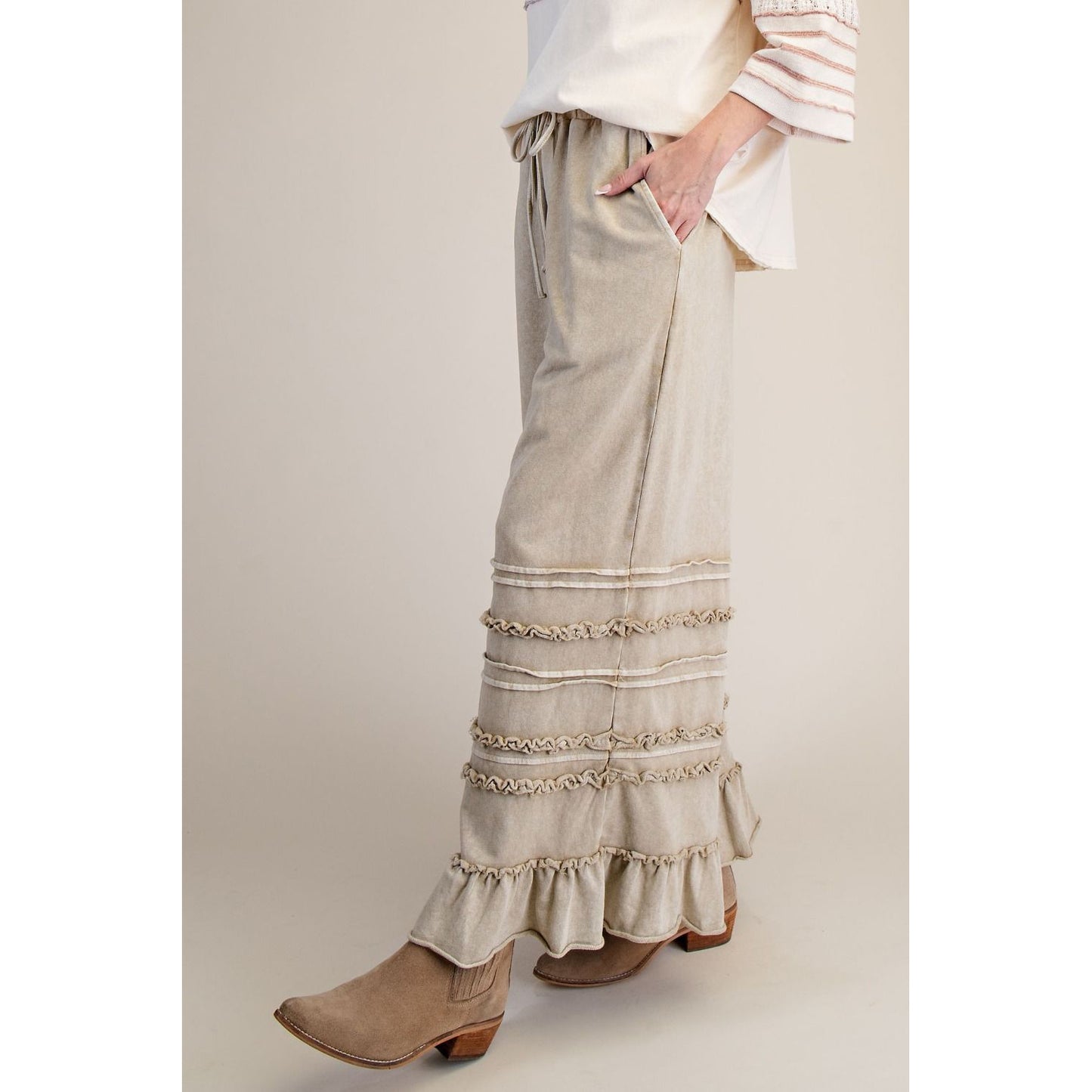 Easel - Wide Leg, Washed Terry Pants 0214 - Latte