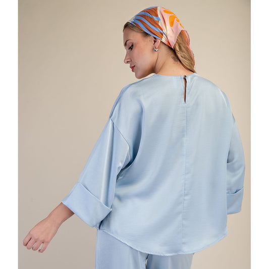 Dusty Blue Wide Sleeve Blouse – Relaxed Fit Top 8862