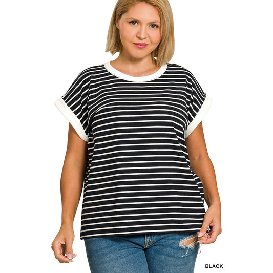 Zenana - Contrast Trim, Cap Sleeve Stripe Top 3534 - Black