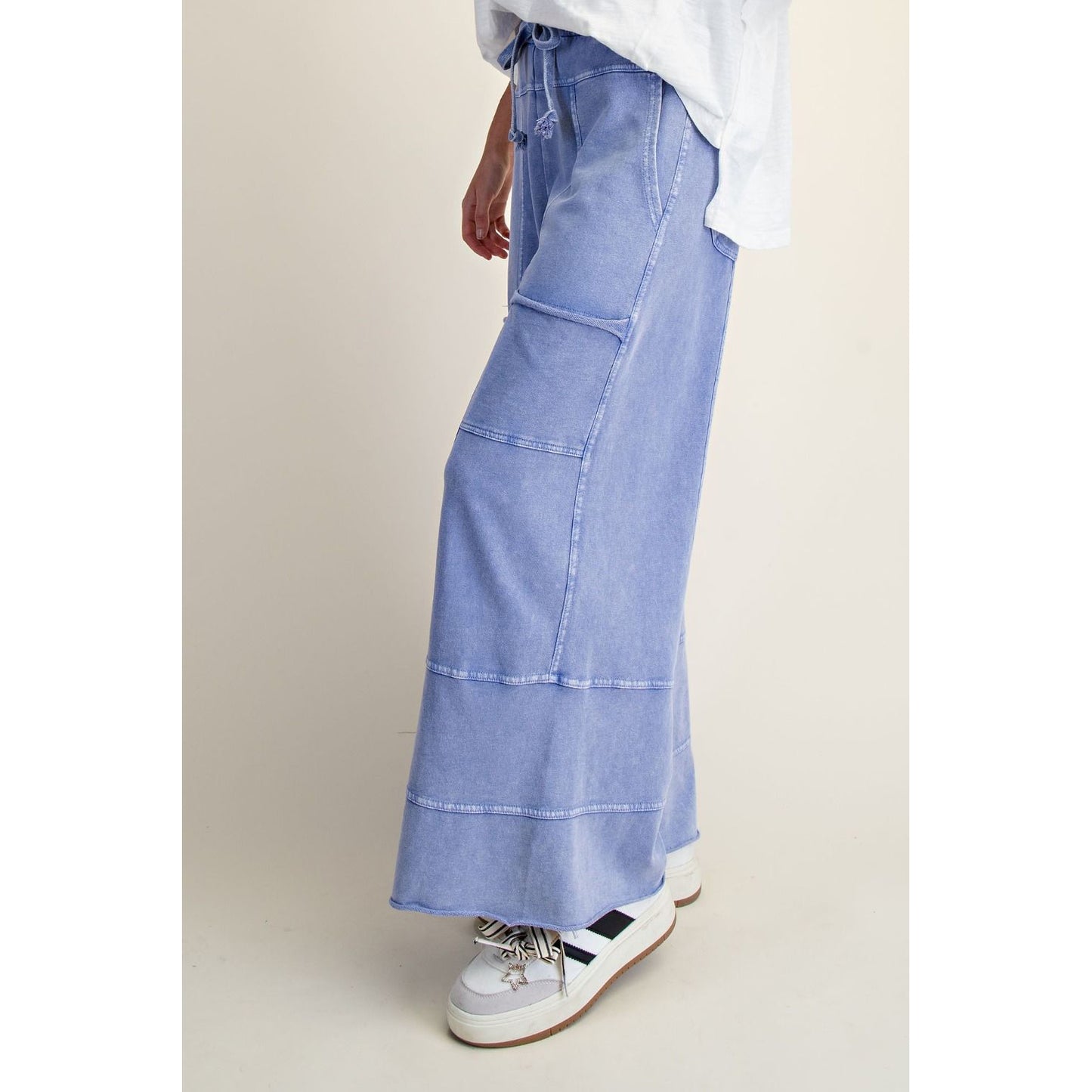 Easel - Mineral Washed, Terry Cargo Style Pockets, Wide Leg Pants 1308 - Misty Blue
