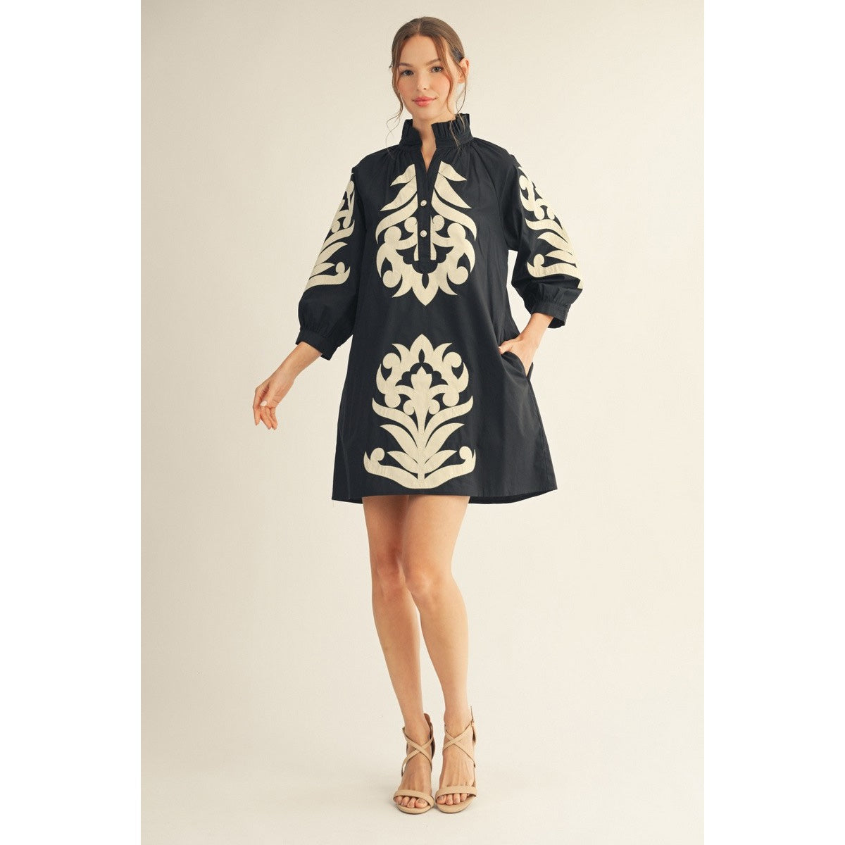JL - ¾ Sleeve, Baroque Floral Applique Shift Dress 5266 - Black