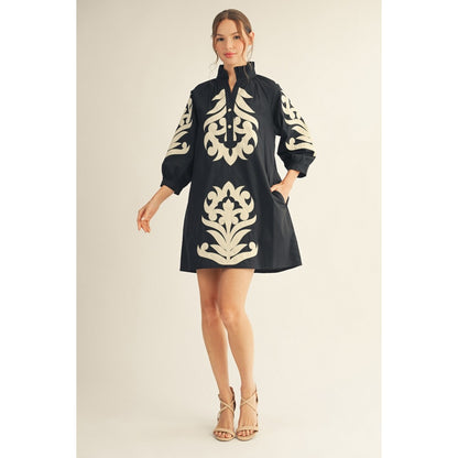 JL - ¾ Sleeve, Baroque Floral Applique Shift Dress 5266 - Black