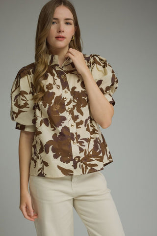 Floral Puff Sleeve Button-Up Top 2550 – Cream & Chocolate
