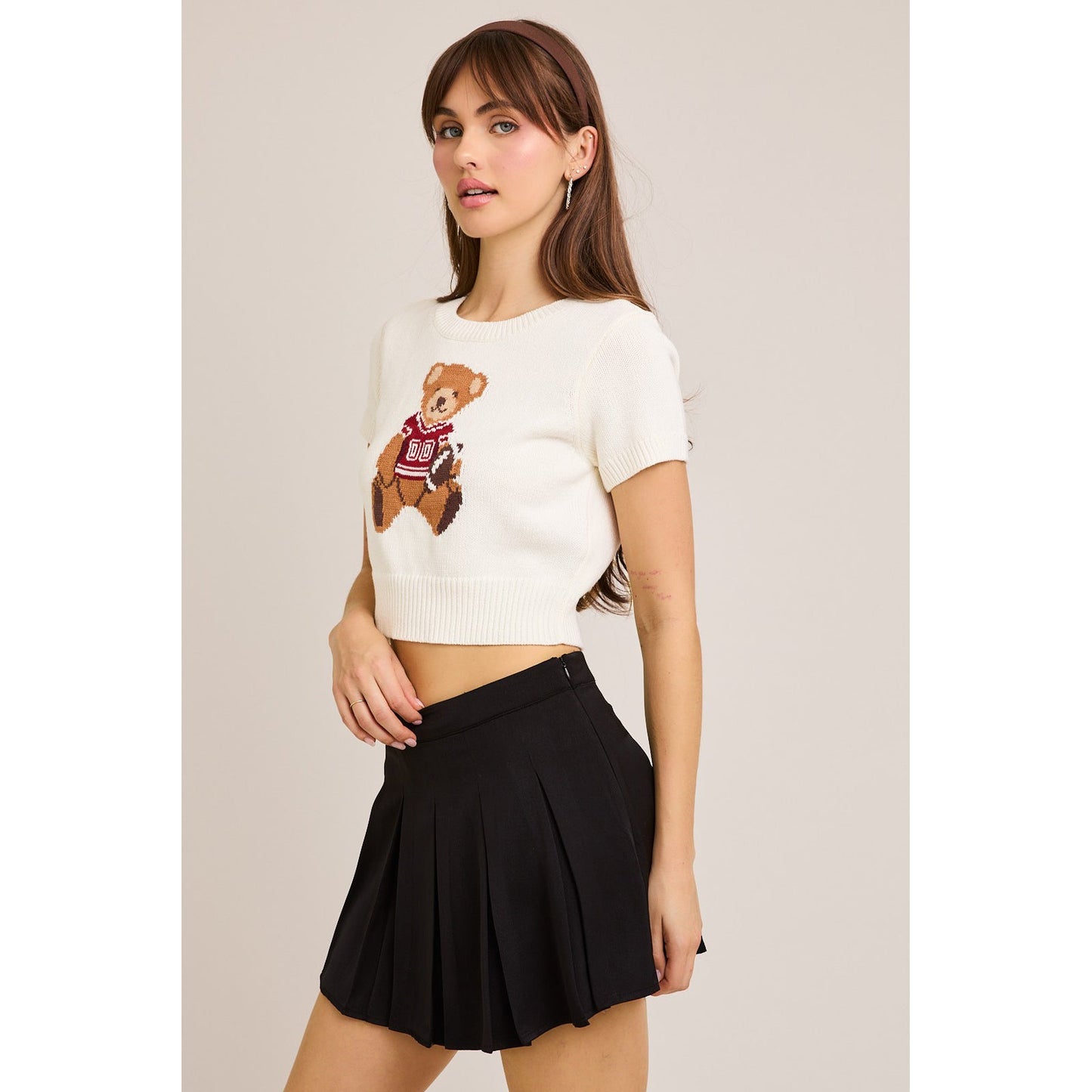LL - Short Sleeve, Crew Neck, Teddy Bear Sweater Top 5170 - White / Red