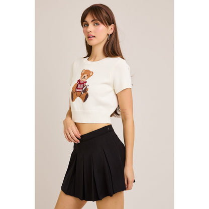LL - Short Sleeve, Crew Neck, Teddy Bear Sweater Top 5170 - White / Red