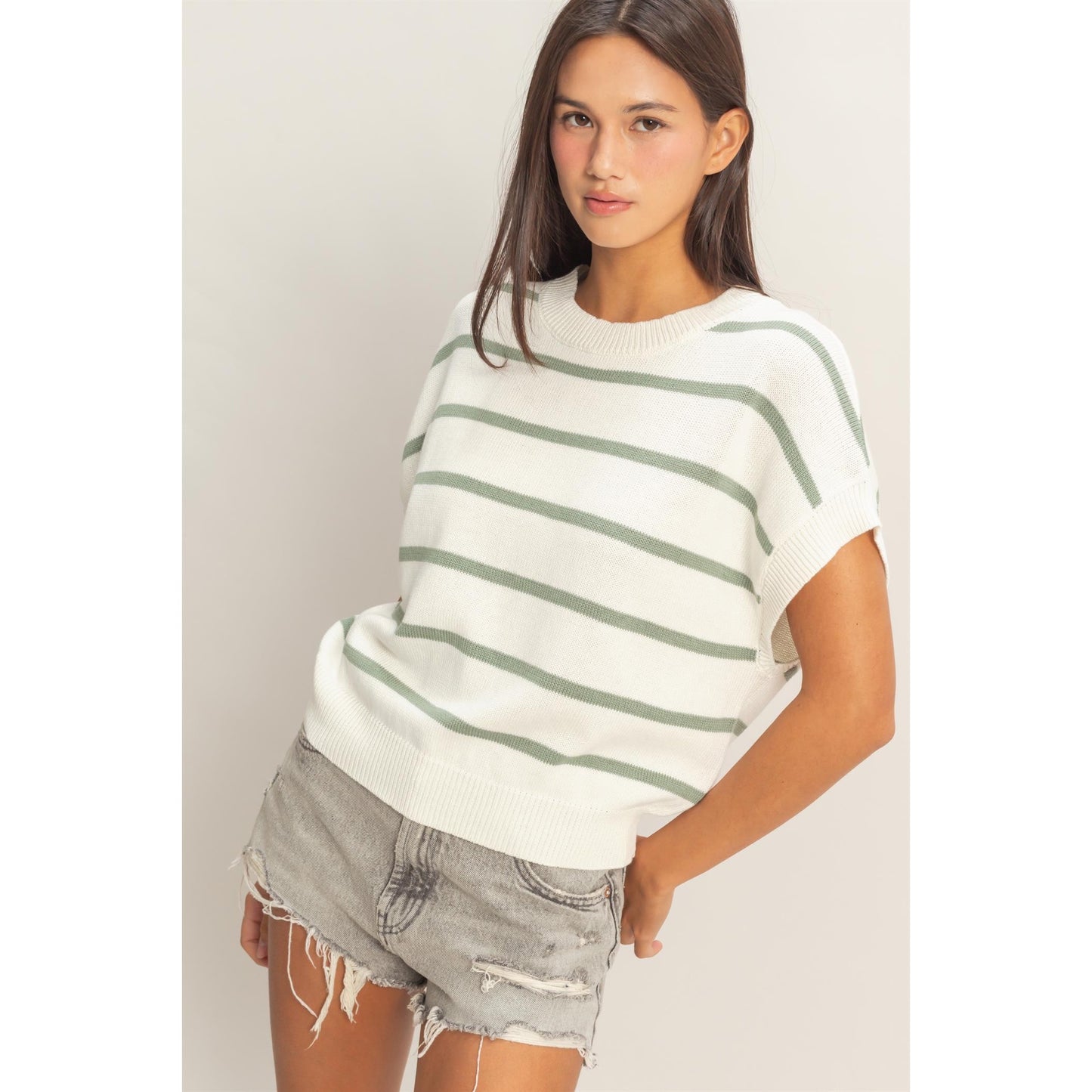 Sage Stripe Knit Top – Crew Neck Short Sleeve Sweater 740