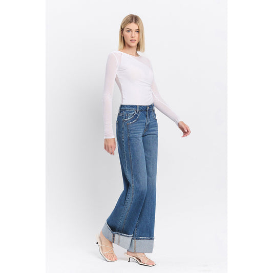 Vervet - high rise cuffed baggy wide jeans 6645 - Blue