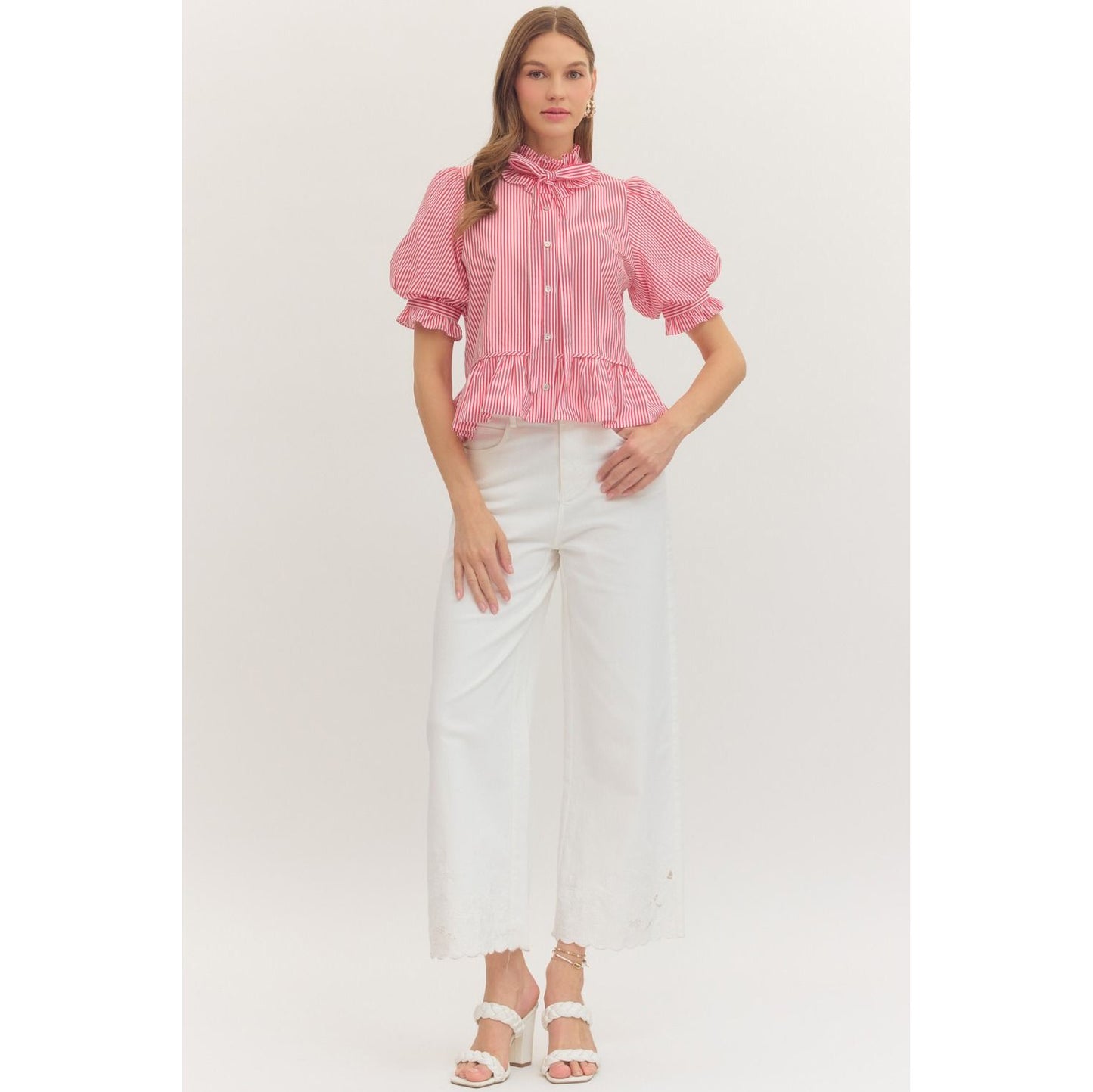 Red Stripe Ruffle Neck Puff Sleeve Top 1590