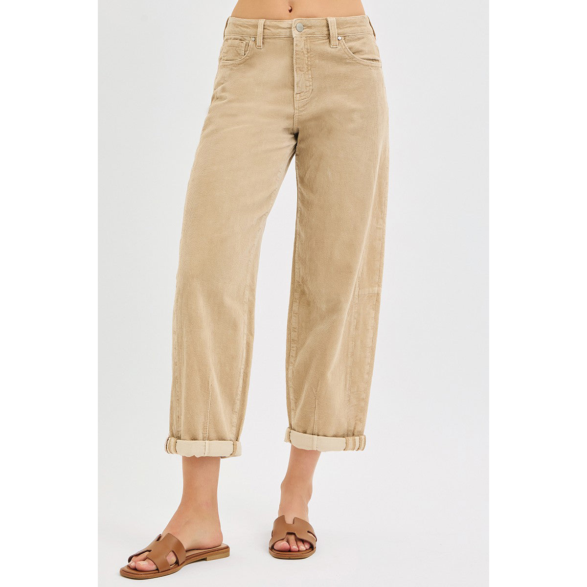 Risen - High Rise Crop, Barrel Corduroy Pants 1167 - Tan