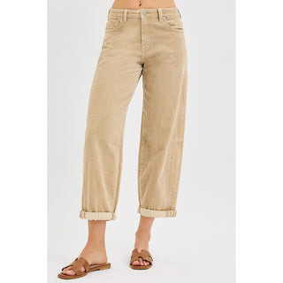 Risen - High Rise Crop, Barrel Corduroy Pants 1167 - Tan