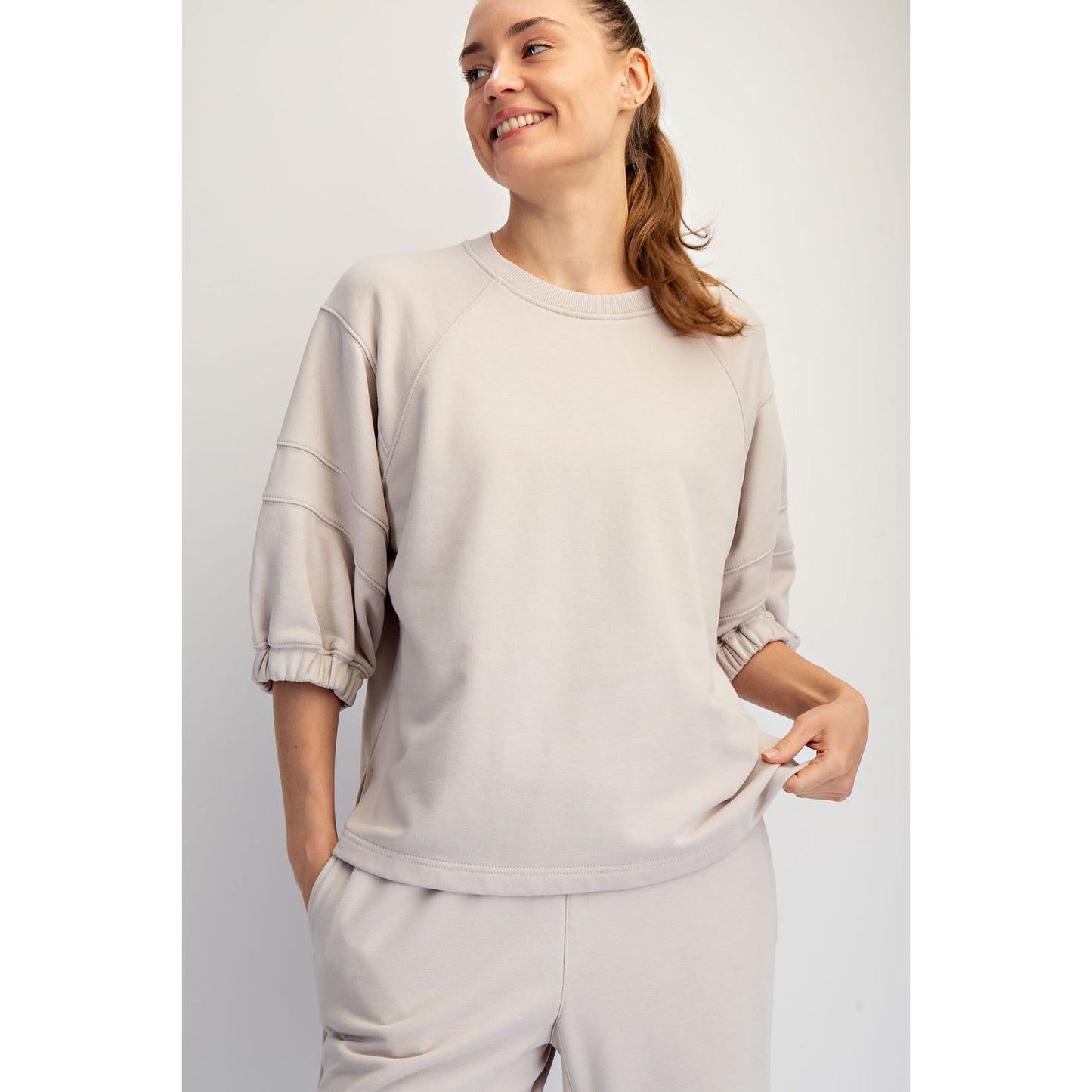 Rae Mode - French Terry Bubbled Half Sleeve Top & Cropped Jogger Pants Set 0111/6459 - Light Taupe
