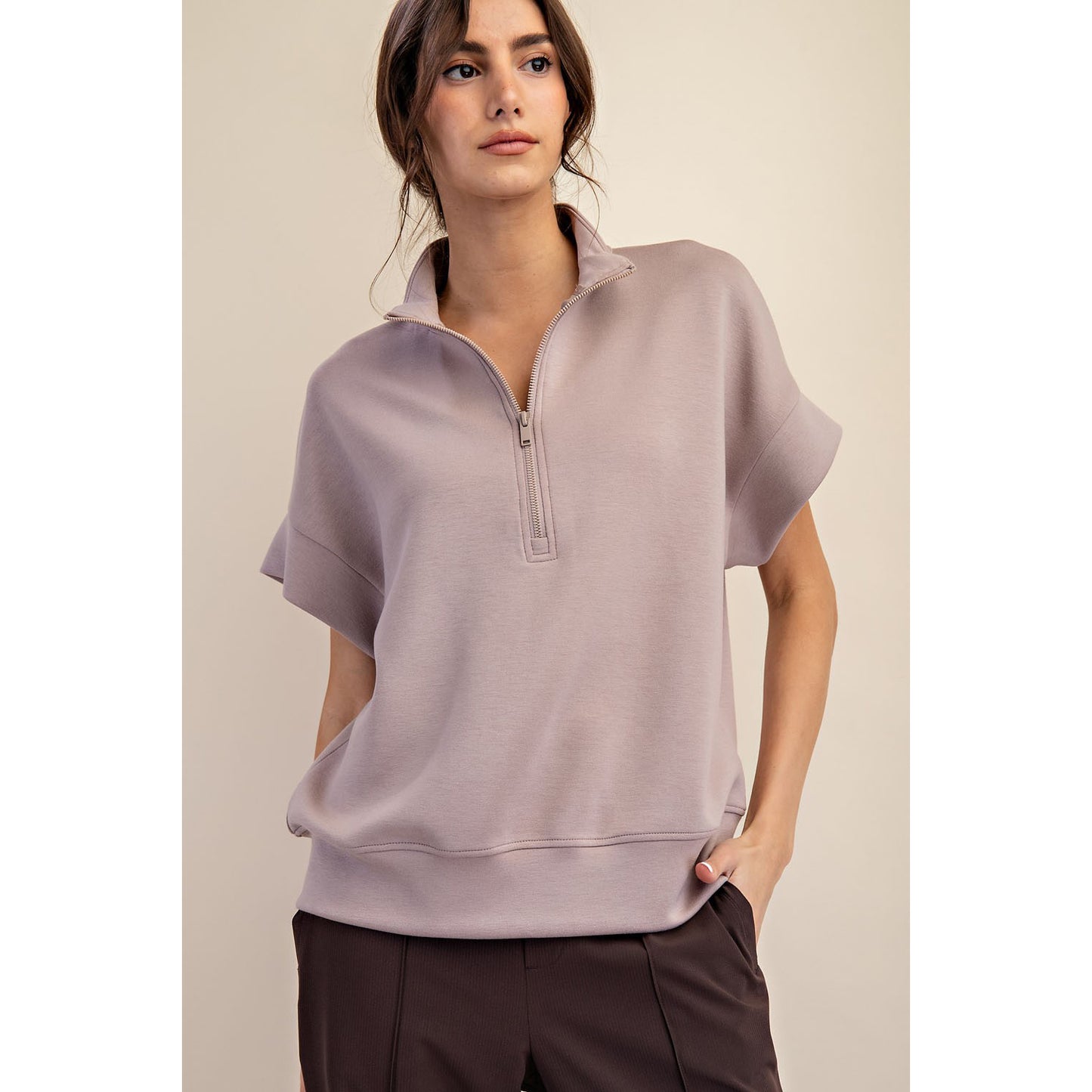 Rae Mode - Modal, Scuba Short Sleeve, Quarter Zip Top & Skort Set 9977 / 7029 - Light Mocha *