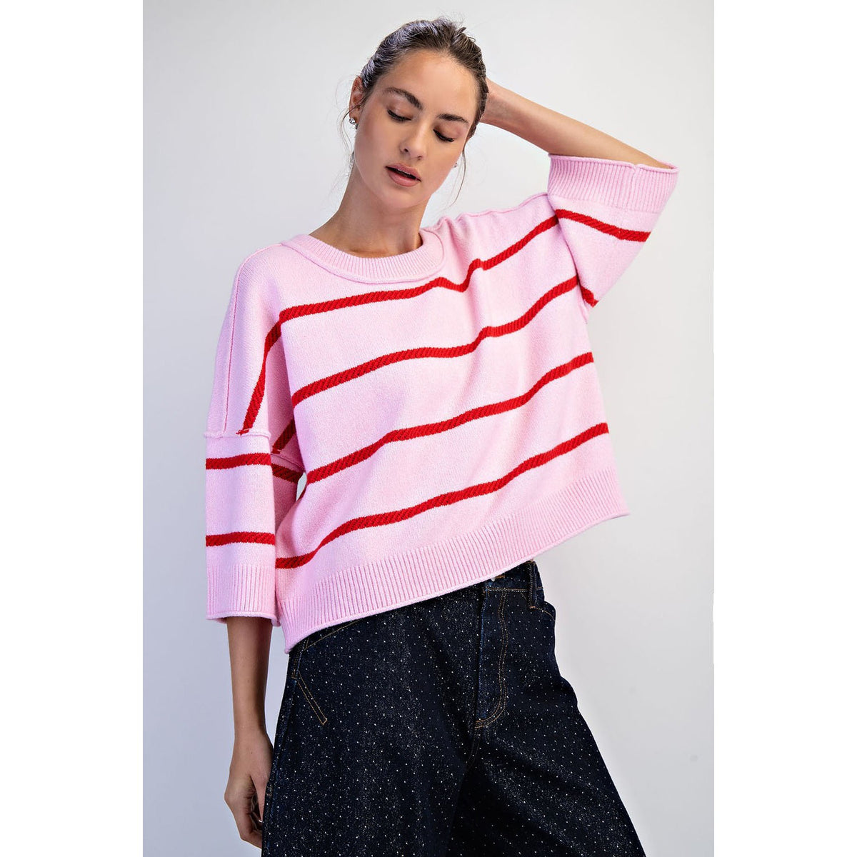 Softest Luxe Striped Crew Sweater Top 0107 - Taffy Pink/Red