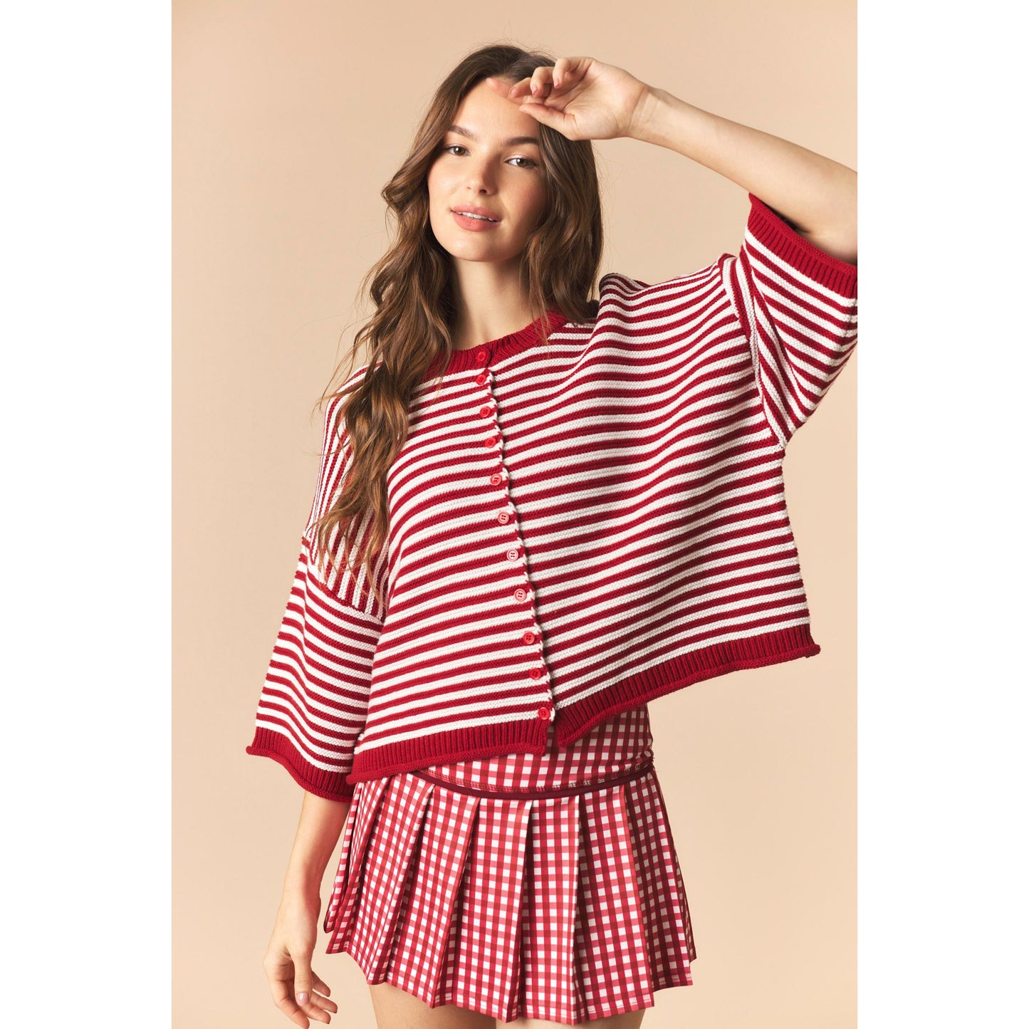 Striped Half Sleeve Oversize Cardigan - Crimson / Off White