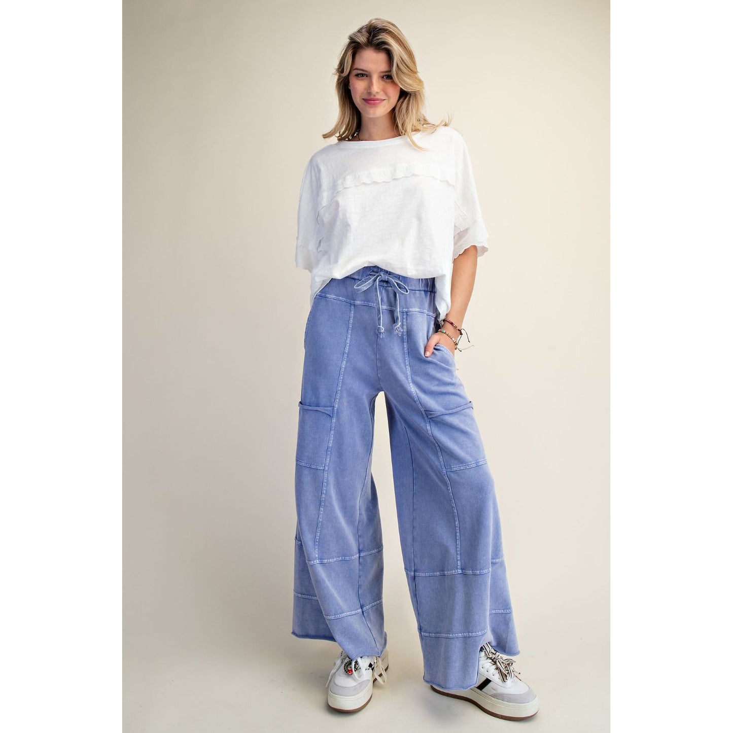 Easel - Mineral Washed, Terry Cargo Style Pockets, Wide Leg Pants 1308 - Misty Blue