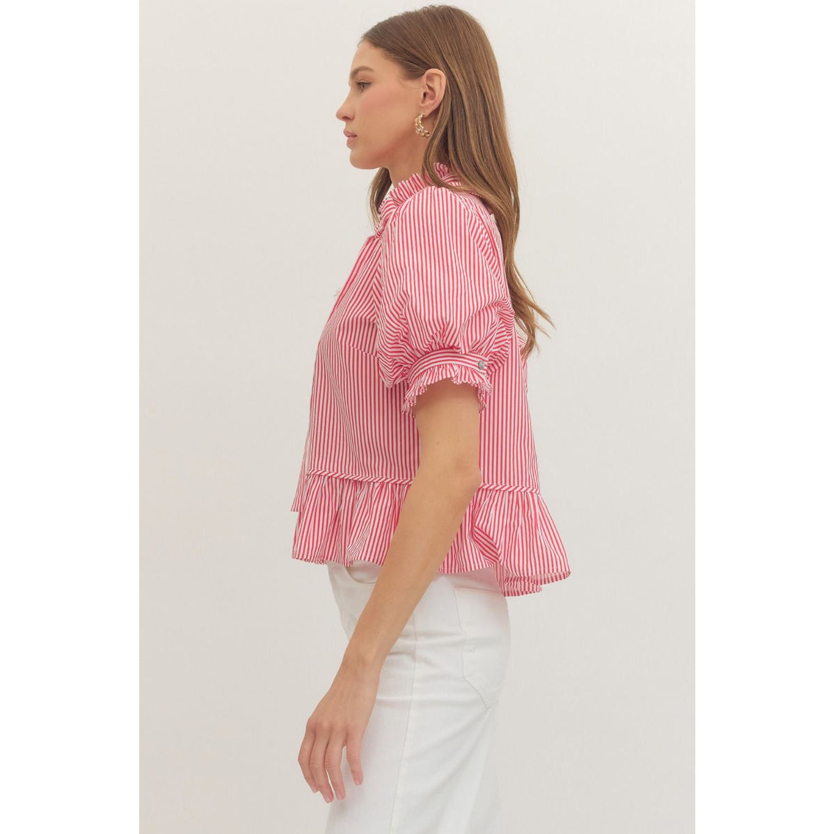 Red Stripe Ruffle Neck Puff Sleeve Top 1590