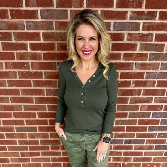 Milio Milano - Baby Rib, Long Sleeve, V-Neck Henley Top 1565 - Army Green