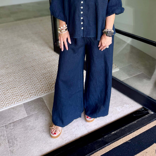Milio Milano Wide Leg Palazzo Linen Pants with Pockets – Navy