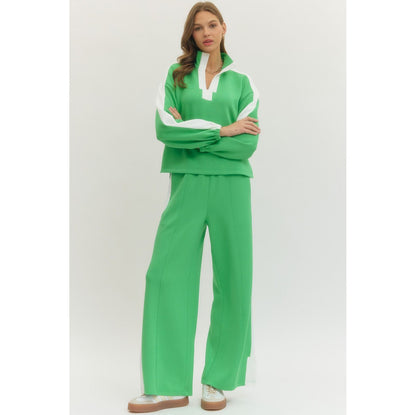 SALE- ENTRO -  Contrast accent, Top & Pants Set 8985 / 8984 - Kelly Green
