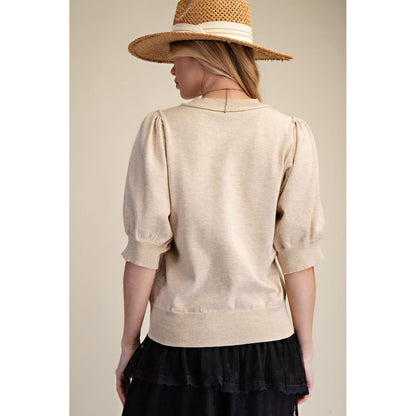 Short Puff Sleeve Knit Sweater Top 9799 - Oatmeal