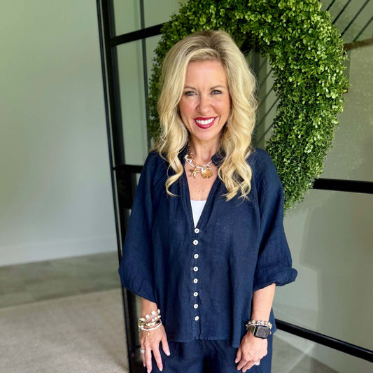Milio Milano Linen Balloon Sleeve V-Neck Top – Navy