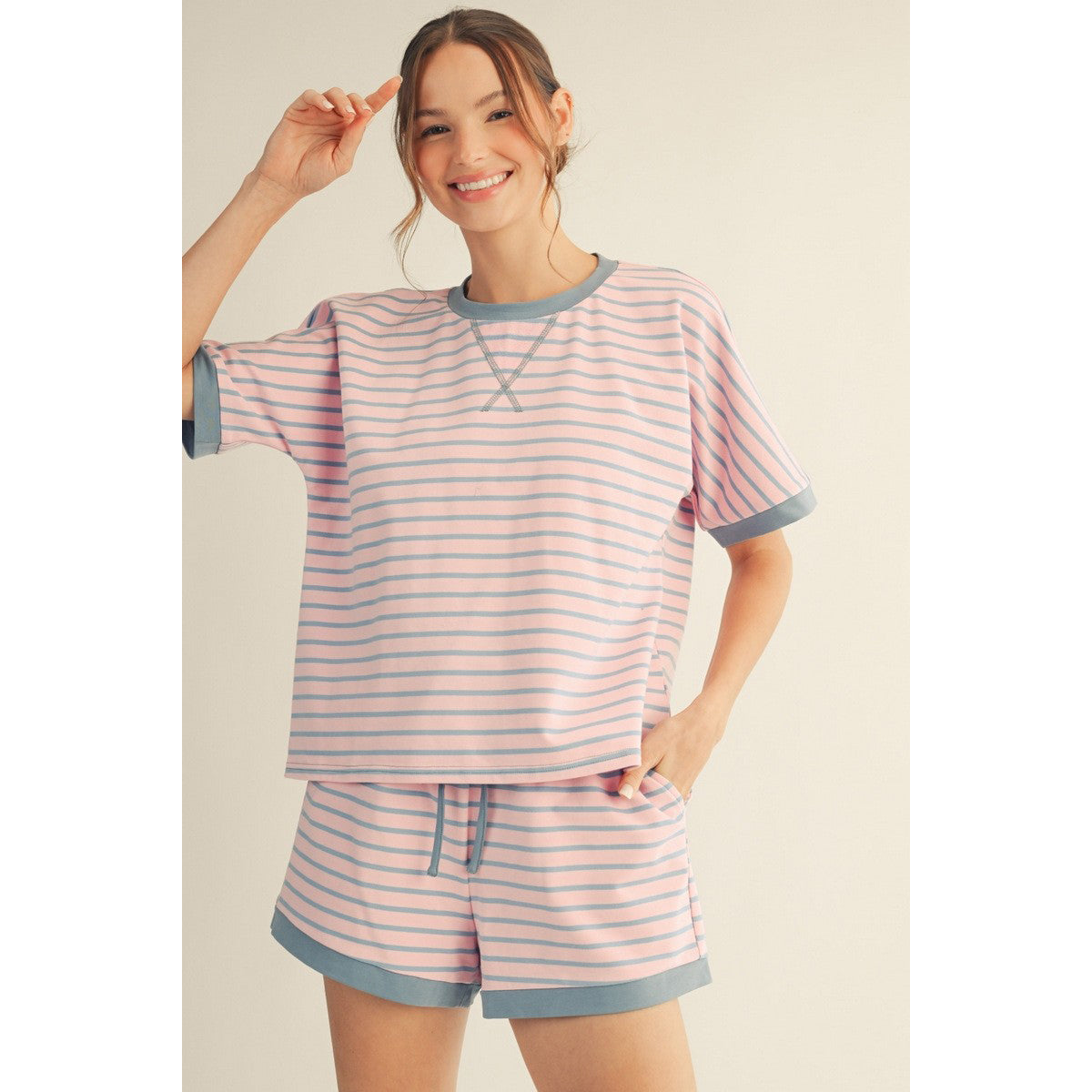JL - Short Sleeve, Striped Top & Drawstring Shorts Set 5354 - Pink