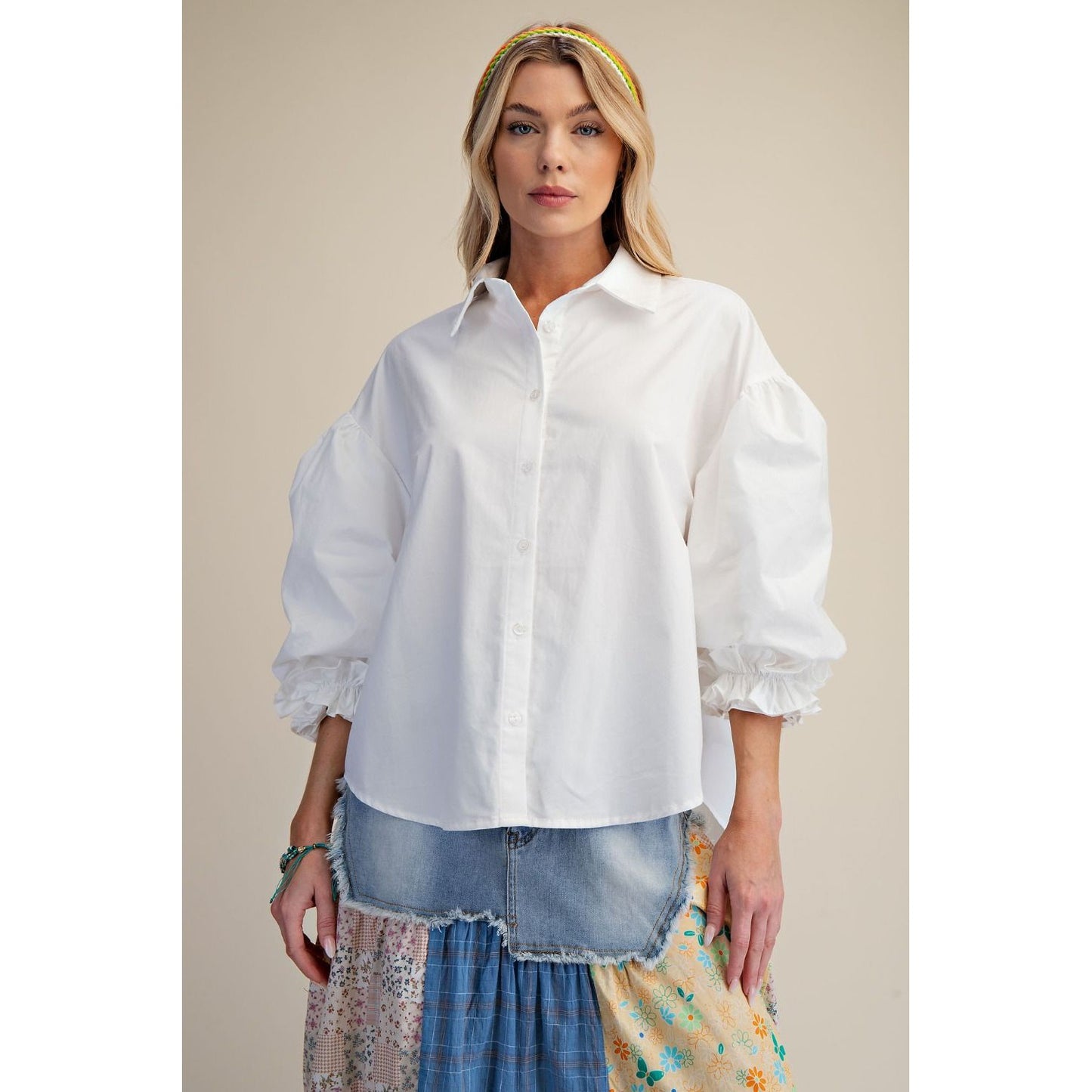 Easel 3/4 Sleeve Balloon Sleeve Poplin Button Down Top – White