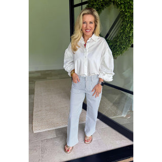 Easel 3/4 Sleeve Balloon Sleeve Poplin Button Down Top – White